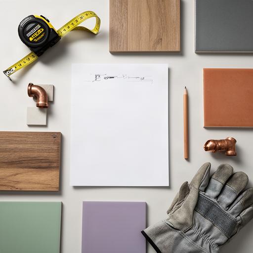 Renovation materials and written scope notes arranged on a contractor's desk