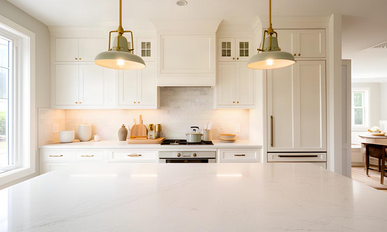 Bright custom kitchen with white cabinetry, quartz island, pendant lighting, and integrated appliances.