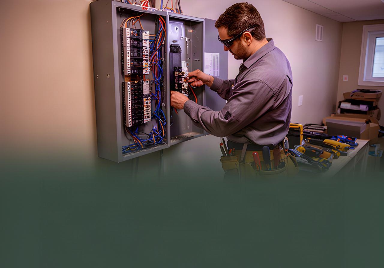 Licensed electrician working on a residential electrical panel in a Sudbury home