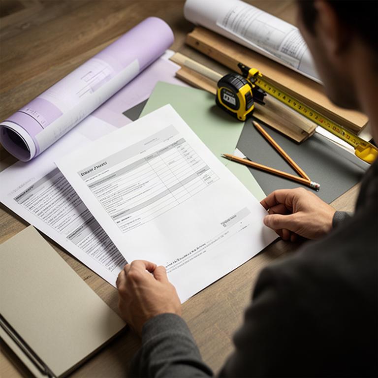 Person reviewing privacy records beside renovation plans and a measuring tape