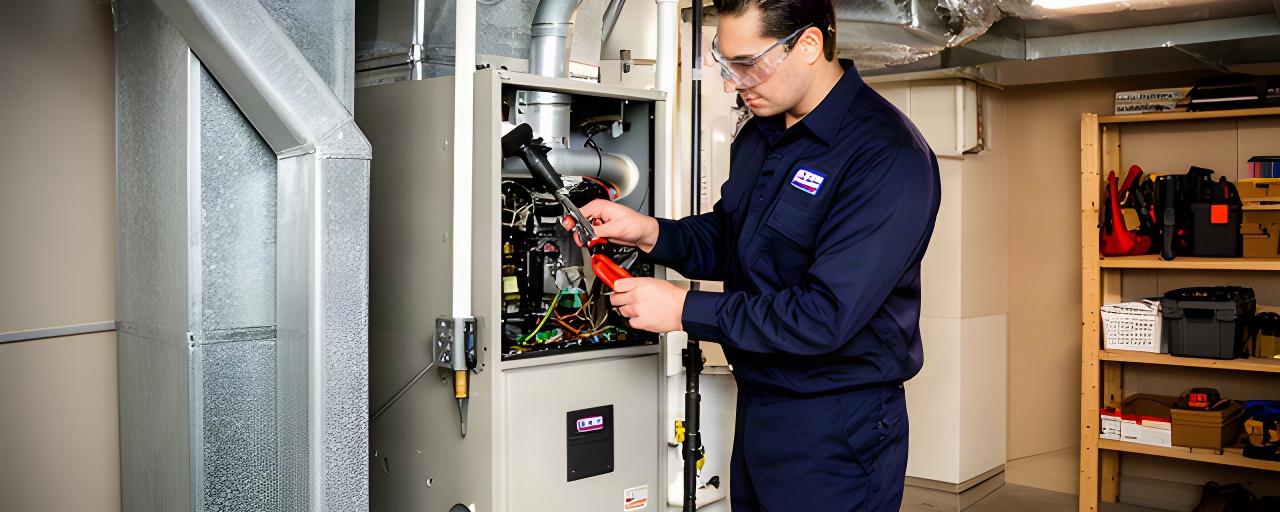 HVAC technician servicing a furnace unit in a residential basement