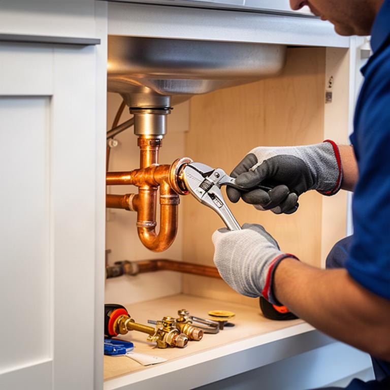 Plumber repairing copper water lines beneath a Sudbury kitchen sink